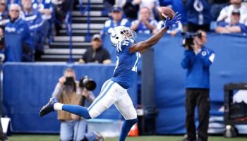 Colts wide receiver T.Y. Hilton jumps to make a catch vs. the Saints at Lucas Oil Stadium.