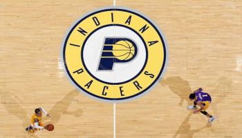 General view of the Indiana Pacers logo at half court as action takes place during the game against the Los Angeles Lakers