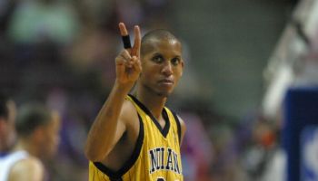 Reggie Miller of the Indiana Pacers gestures in Game two of the Eastern Conference Semifinals in 2005.