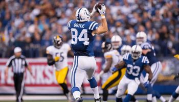 Colts tight end Jack Doyle hauls in a pass in a Thanksgiving game against the Steelers in 2016.