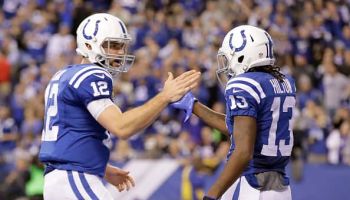 uarterback Andrew Luck #12 and T.Y. Hilton #13 of the Indianapolis Colts celebrate after a touchdown