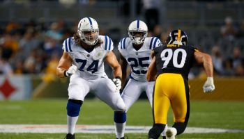 Colts left tackle Anthony Castonzo attempts a block during a 2017 preseason game against the Steelers.