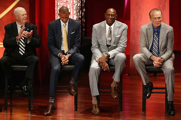 Naismith Memorial Basketball Hall of Famers Bobby Slick Leonard, Reggie Miller, Spencer Haywood and Rick Barry sit onstage