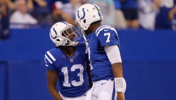 Colts quarterback Jacoby Brissett talks to wide receiver T.Y. Hilton during a 2017 game.