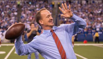 Peyton Manning throws one last touchdown pass to Marvin Harrison during the ceremony retiring his number at Lucas Oil Stadium.
