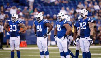 The Colts defensive line prepares for a play during the 2017-18 season.
