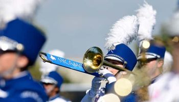 The Marching Sycamores trombones play during pre-game for the Indiana State University Sycamores versus North Dakota State Unive