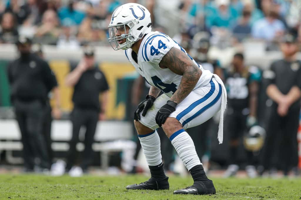 Colts linebacker Antonio Morrison lines up against the Jaguars for a defensive snap in 2017.