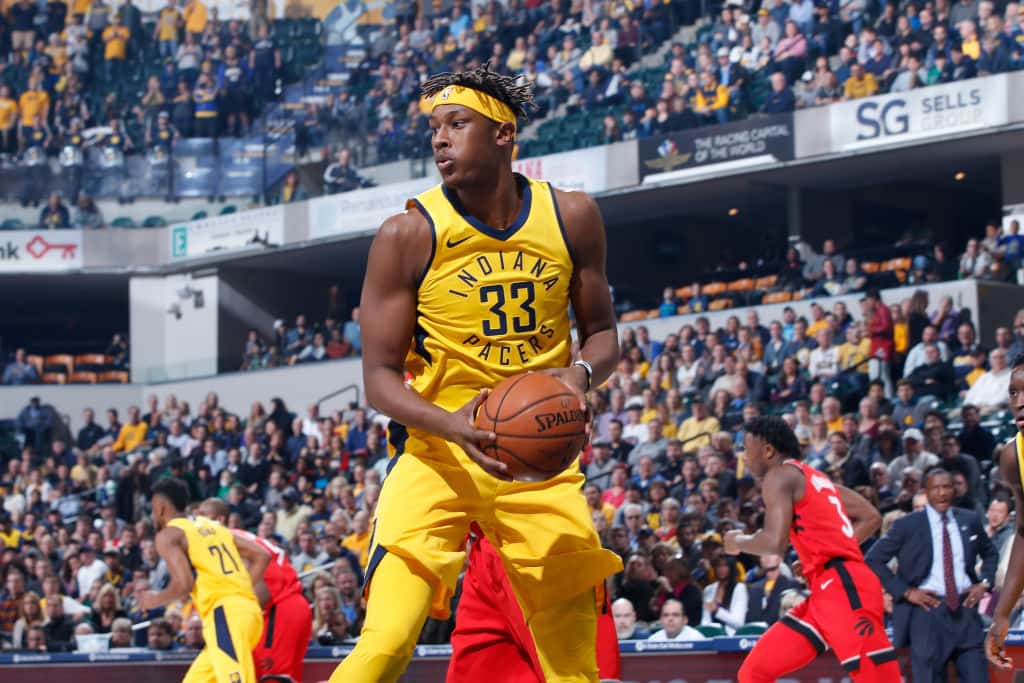 Pacers center Myles Turner grabs a rebound against the Raptors in a 2017-18 game.