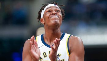 Pacers center Myles Turner reacts in a win over the Bulls during the 2017-18 season.