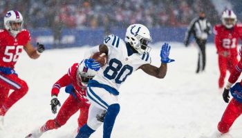 Colts wide receiver Chester Rogers fights through the snow in a 2017 December game against the Bills.