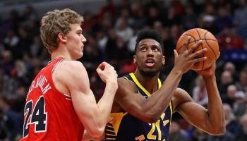 Pacers forward Thaddeus Young tries to score through contact against the Bulls during the 2017-18 season.