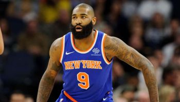 Kyle O'Quinn of the New York Knicks playing defense.