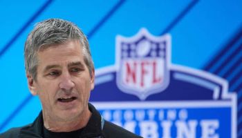 Colts head coach Frank Reich at the podium during the 2018 NFL Combine.