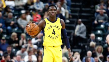 Pacers guard Victor Oladipo brings up the ball in a 2017-18 game.