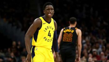 Victor Oladipo of the Indiana Pacers reacts during the final second of the second half of Game 2 of the first round.