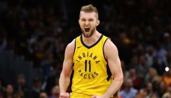Pacers forward Domantas Sabonis celebrates after a basket in the 2018 playoffs.