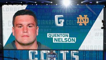 A video board displays an image of Quenton Nelson of Notre Dame after he was picked #6 overall by the Indianapolis Colts.