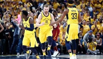Domas Sabonis celebrates against the Cleveland Cavaliers in Game Six of the Eastern Conference playoffs during 2018.
