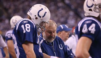 Colts assistant coach Howard Mudd talks to Peyton Manning on the sideline during a 2010 game.