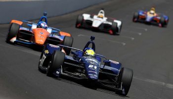 Spencer Pigot, driver of the #21 Preferred Freezer Service Chevrolet, races during the 102nd Indianapolis 500