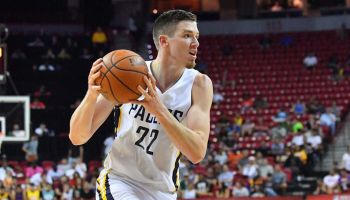 Pacers forward T.J. Leaf tries to drive in a summer league game in Las Vegas during the 2018 offseason.