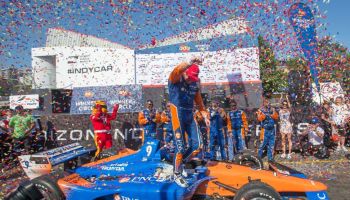 IndyCar driver Scott Dixon celebrates after winning The Streets of Toronto race.