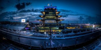 Portrait of the Indianapolis Motor Speedway and Finish Line at night