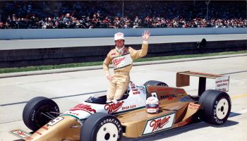 Danny Sullivan waives to the crowd after qualifying for the 1988 Indy 500