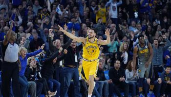 Klay Thompson celebrates a shot made against the Pacers.