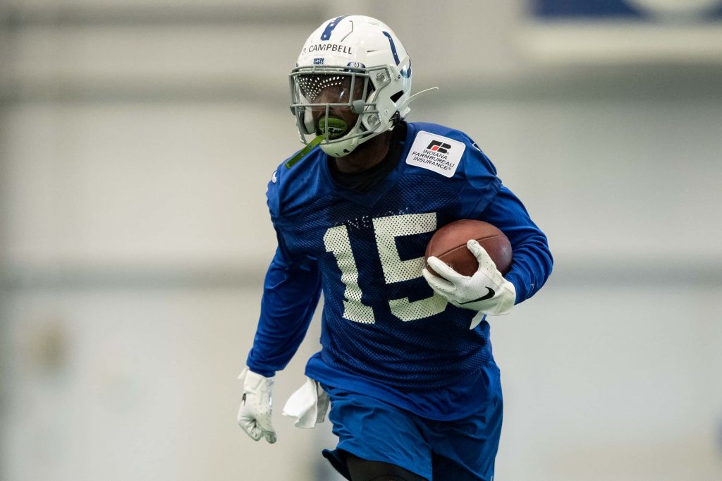 Indianapolis Colts wide receiver Parris Campbell (15) runs through a drill during the Indianapolis Colts rookie camp