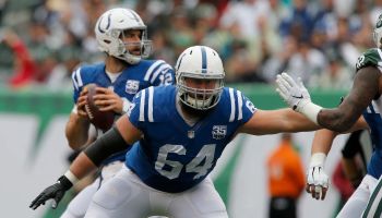 Mark Glowinski #64 of the Indianapolis Colts in action against the New York Jets on October 14, 2018