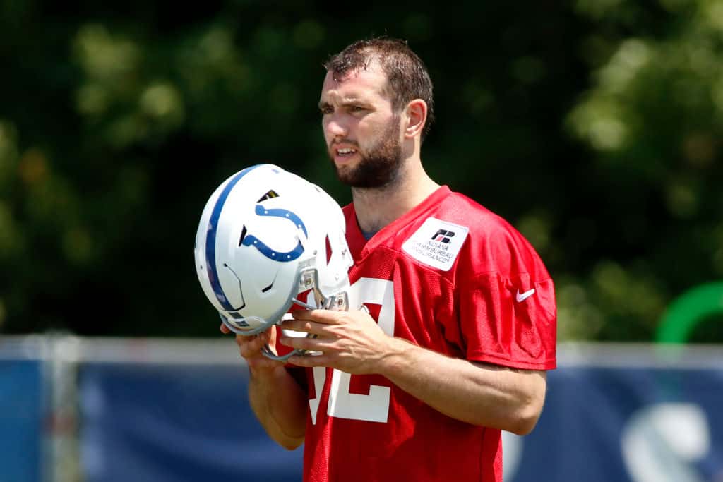 Andrew Luck #12 of the Indianapolis Colts in action during the Colts training camp at Grand Park on August 5, 2019