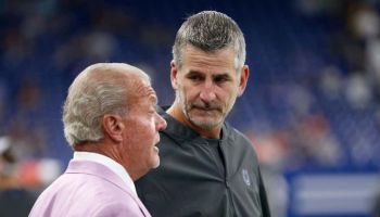 Indianapolis Colts Head Coach Frank Reich standing next to Colts owner Jim Irsay having a conversation