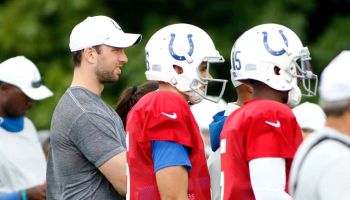 Andrew Luck #12 of the Indianapolis Colts watches his team during the joint practice between the Browns and the Colts