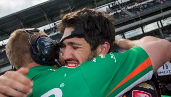 Kyle Kaiser (32) of the Juncos Racing Chevrolet is almost in tears after he qualified for the 103rd Indianapolis 500