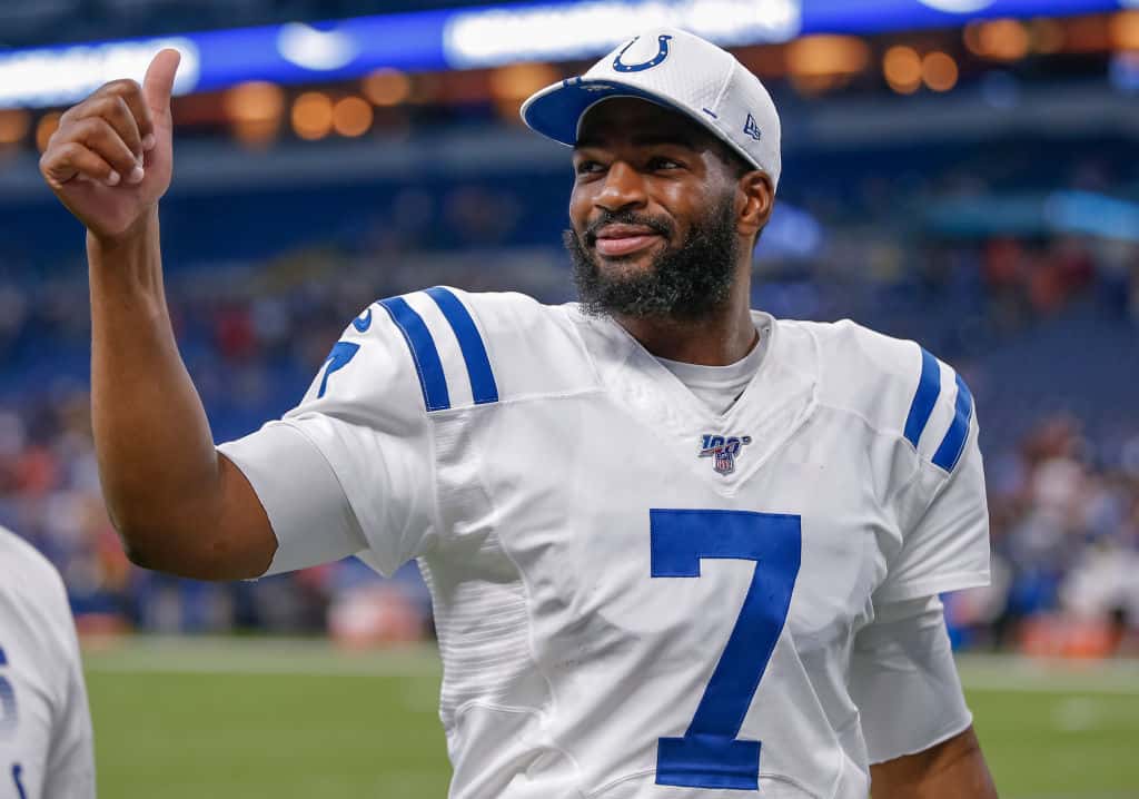 Jacoby Brissett #7 of the Indianapolis Colts is seen after the game against the Cleveland Browns at Lucas Oil Stadium