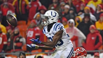 Cornerback Pierre Desir #35 of the Indianapolis Colts intercepts a pass intended for wide receiver Tyreek Hill #10 of the Chiefs