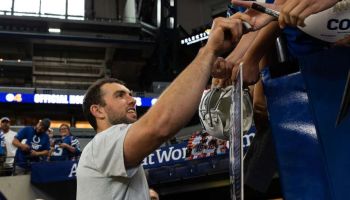 : Indianapolis Colts quarterback Andrew Luck (12) signs autographs before the week 2 NFL preseason game