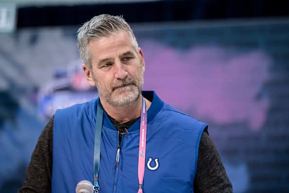 Colts head coach Frank Reich stands at the podium at the 2019 NFL Combine.