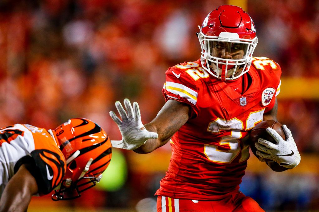 RB Spencer Ware stiff arms the Bengals in a game in late October