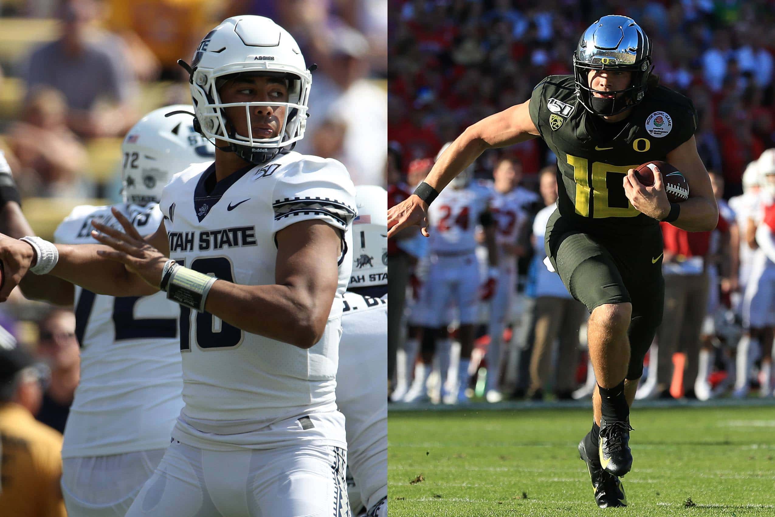 Utah State quarterback Jordan Love and Oregon quarterback Justin Herbert