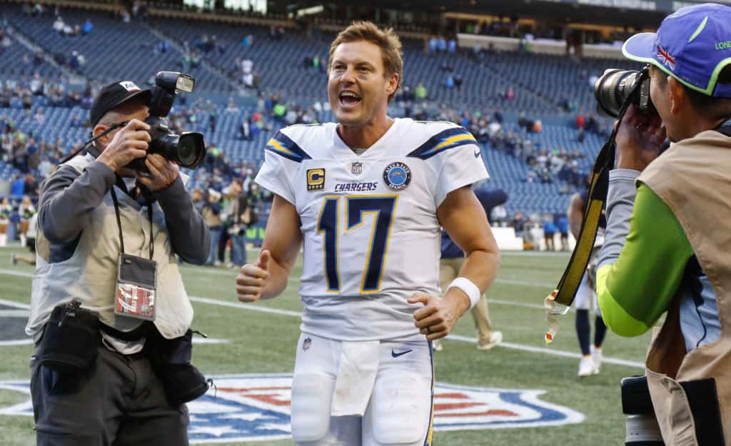 Philip Rivers screams coming off the field in 2019.