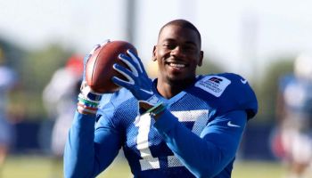 Colts wide receiver Devin Funchess catches a ball in practice.