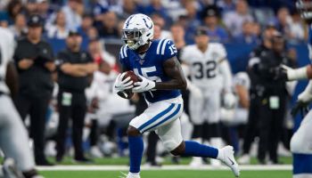 Colts wide receiver Parris Campbell runs in the open field during a 2019 game.