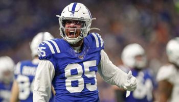Colts tight end Eric Ebron reacts in a 2019 November game.