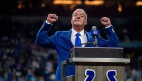 Colts Owner Jim Irsay pumps his first in the air during a 2019 home game.