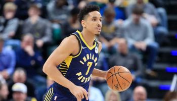 Pacers guard Malcolm Brogdon looks to pass in a 2019 game at Bankers Life Fieldhouse.