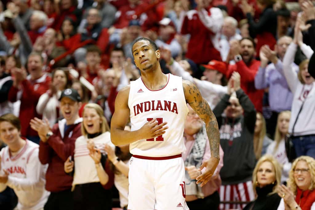 Devonte Green #11 of the Indiana Hoosiers reacts after making a three pointer in the game against the Minnesota Golden Gophers during the first half at Assembly Hall