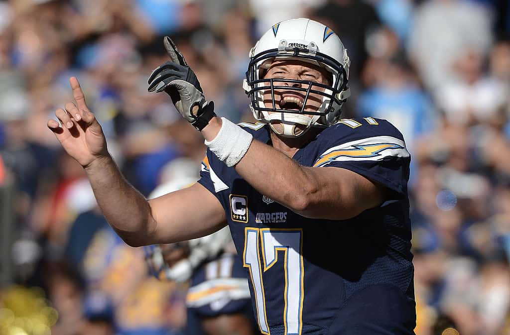 Former Chargers quarterback Philip Rivers gets ready to throw a pass.